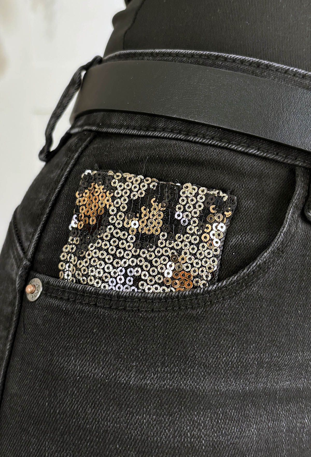 Wild Patch Black Stretch Sequin Patchwork Leopard Jeans - Image 6