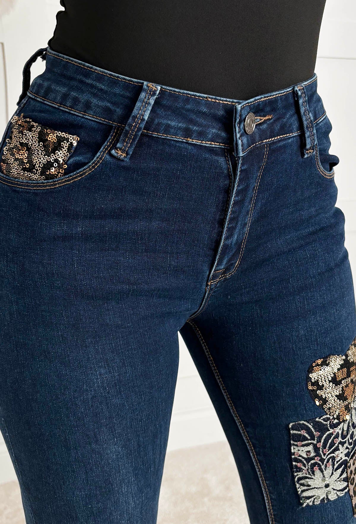 Wild Patch Dark Blue Stretch Sequin Patchwork Leopard Jeans - Image 2