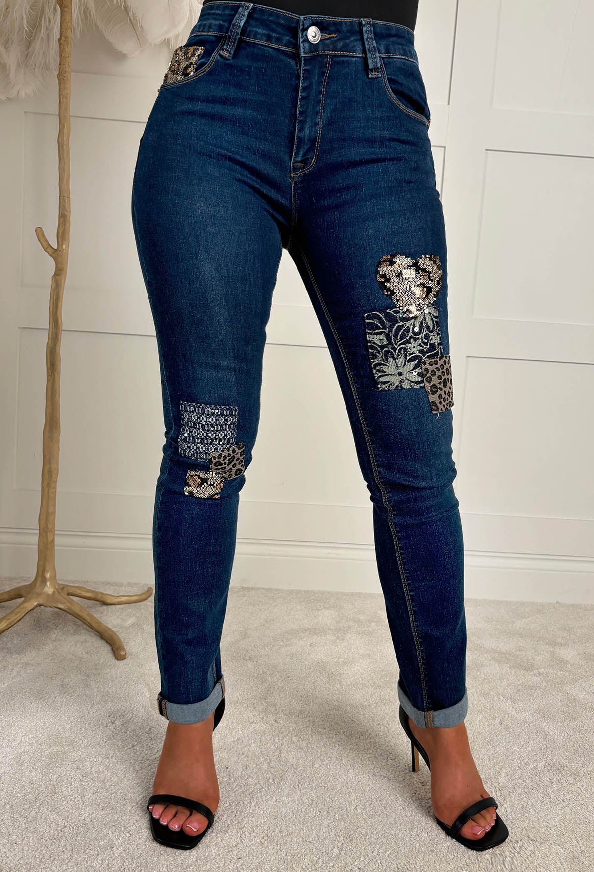 Wild Patch Dark Blue Stretch Sequin Patchwork Leopard Jeans - Image 4