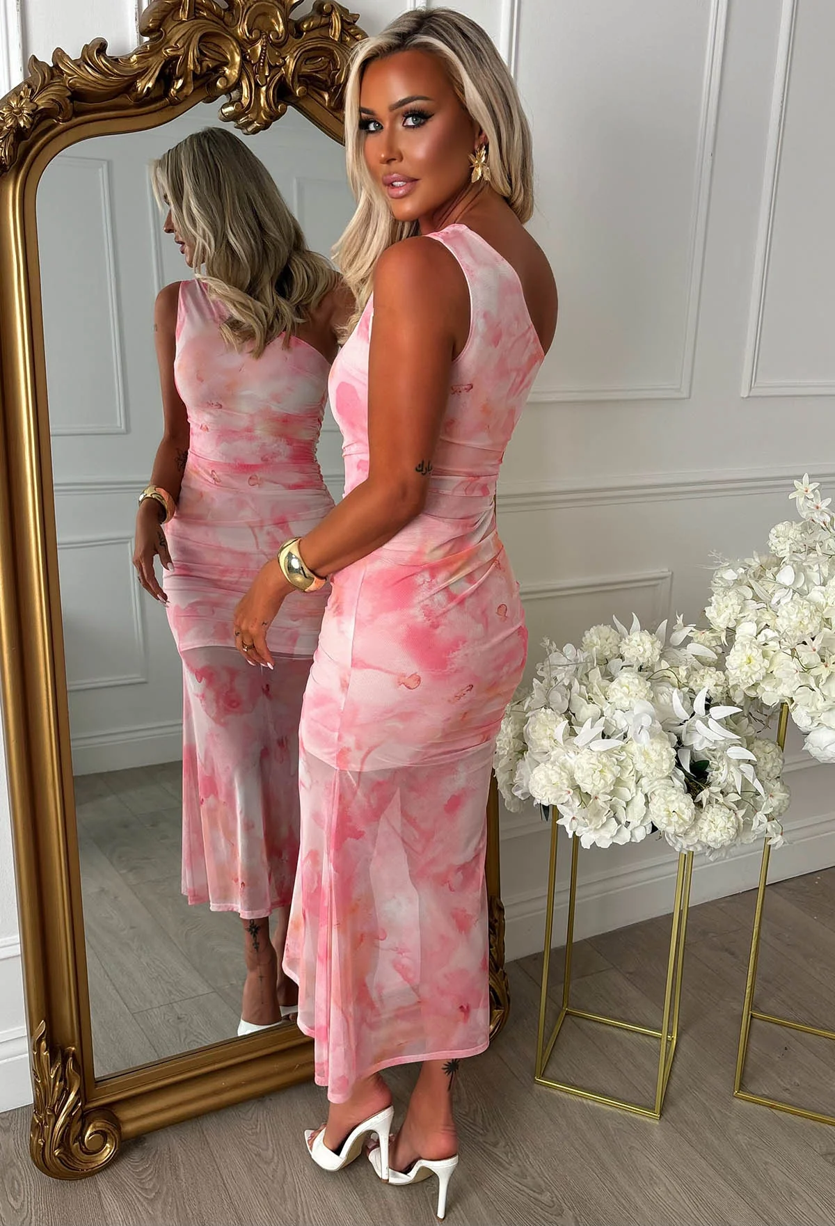 Wildfire Pink One Shoulder Print Mesh Dress - Image 2