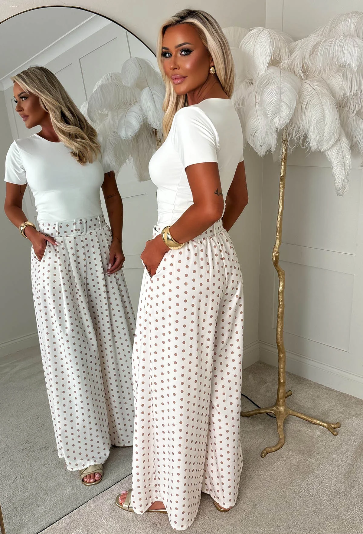 Willow Cream Polka Dot Wide Leg Belted Trousers - Image 2