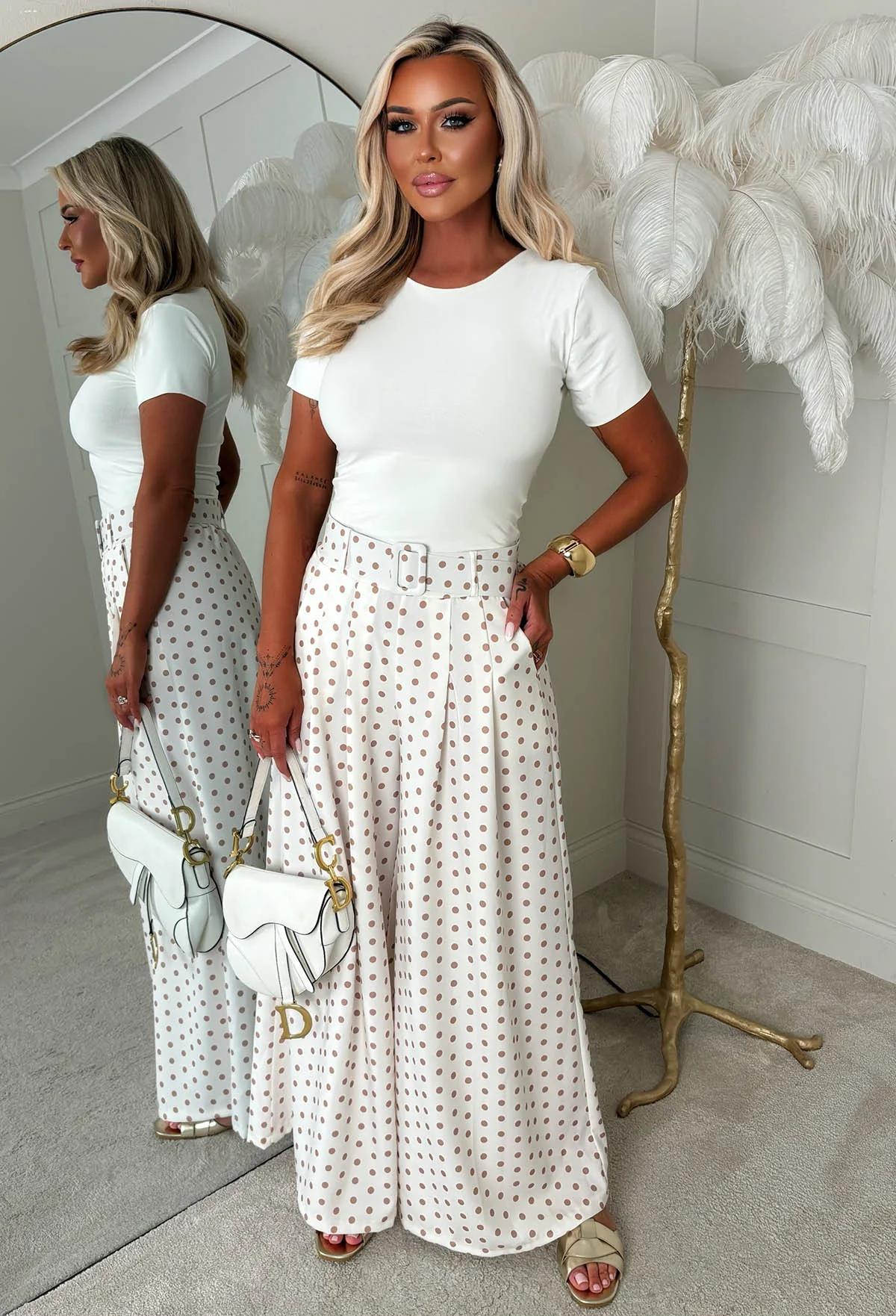 Willow Cream Polka Dot Wide Leg Belted Trousers - Image 3