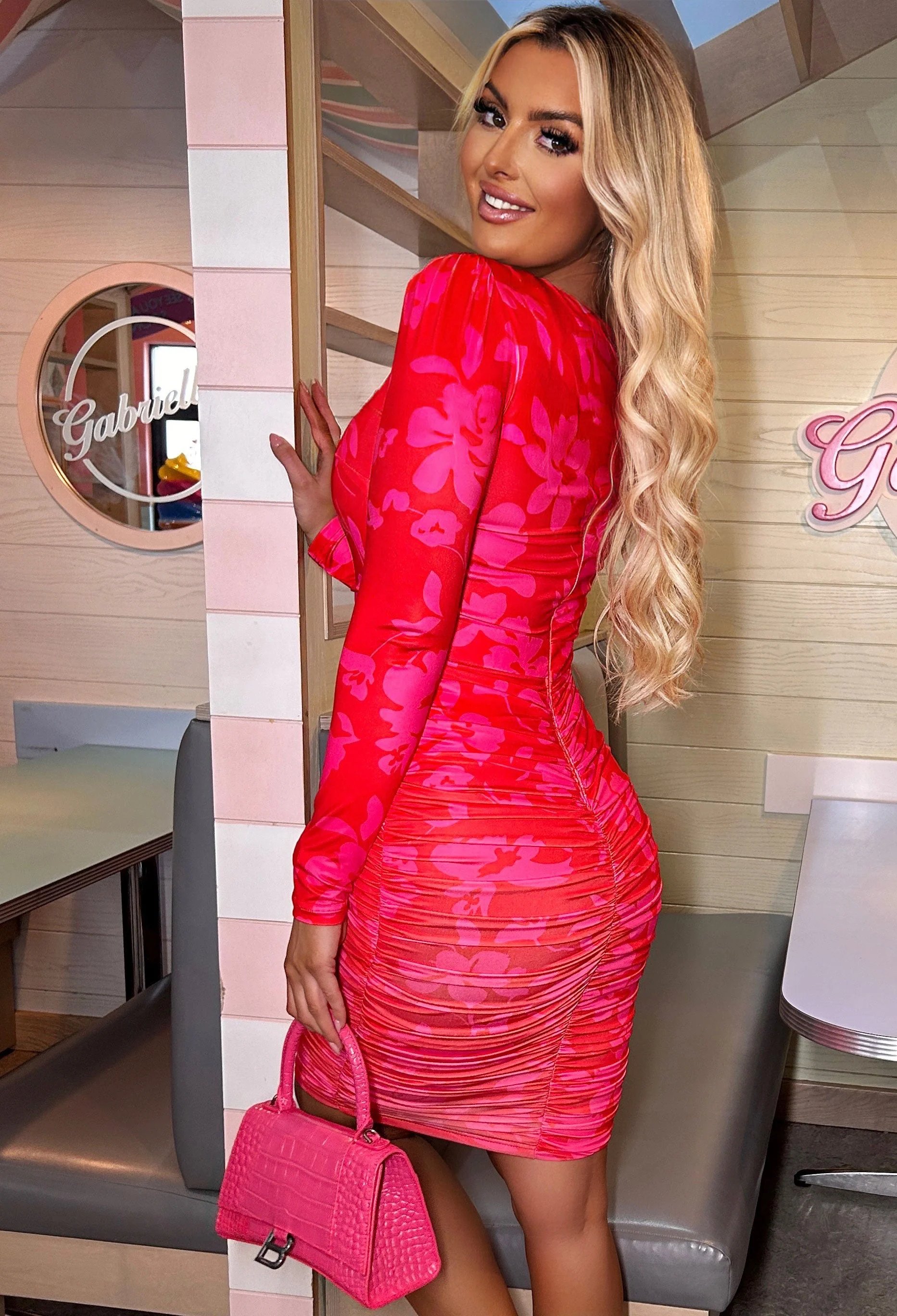 Wish You Were Mine Red Floral Long Sleeve Ruched Midi Dress - Image 2
