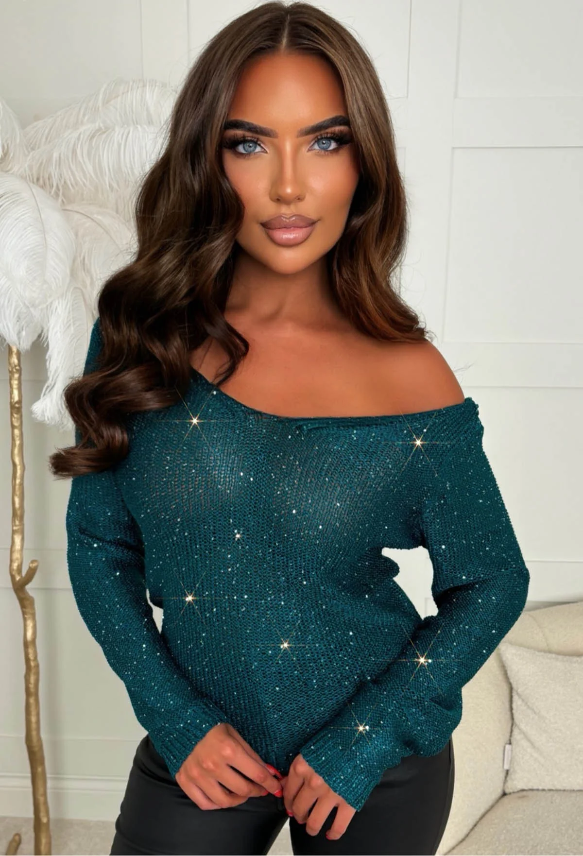 With Love Always Green Sequin Knit V-neck Jumper