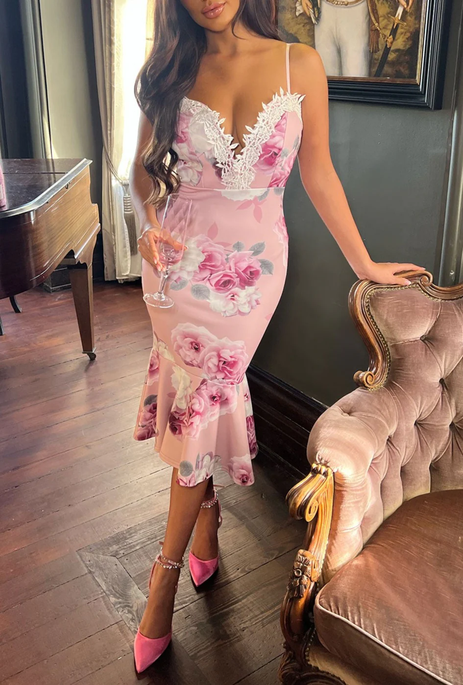 Wrapped In Love Pink Floral Lace Trim Midi Dress - Image 2