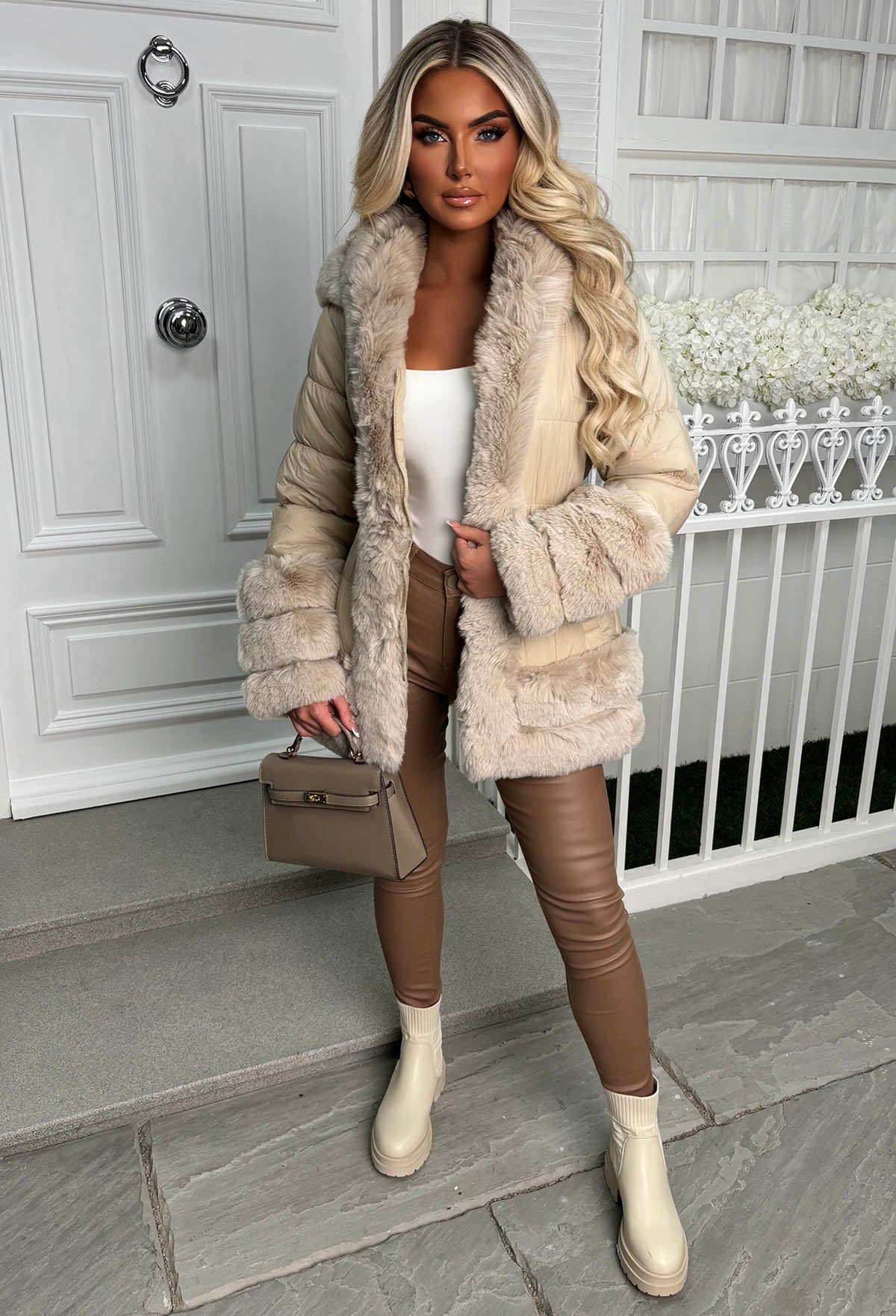 Wrapped In Magic Stone Faux Fur Trimmed Belted Puffer Coat - Image 4