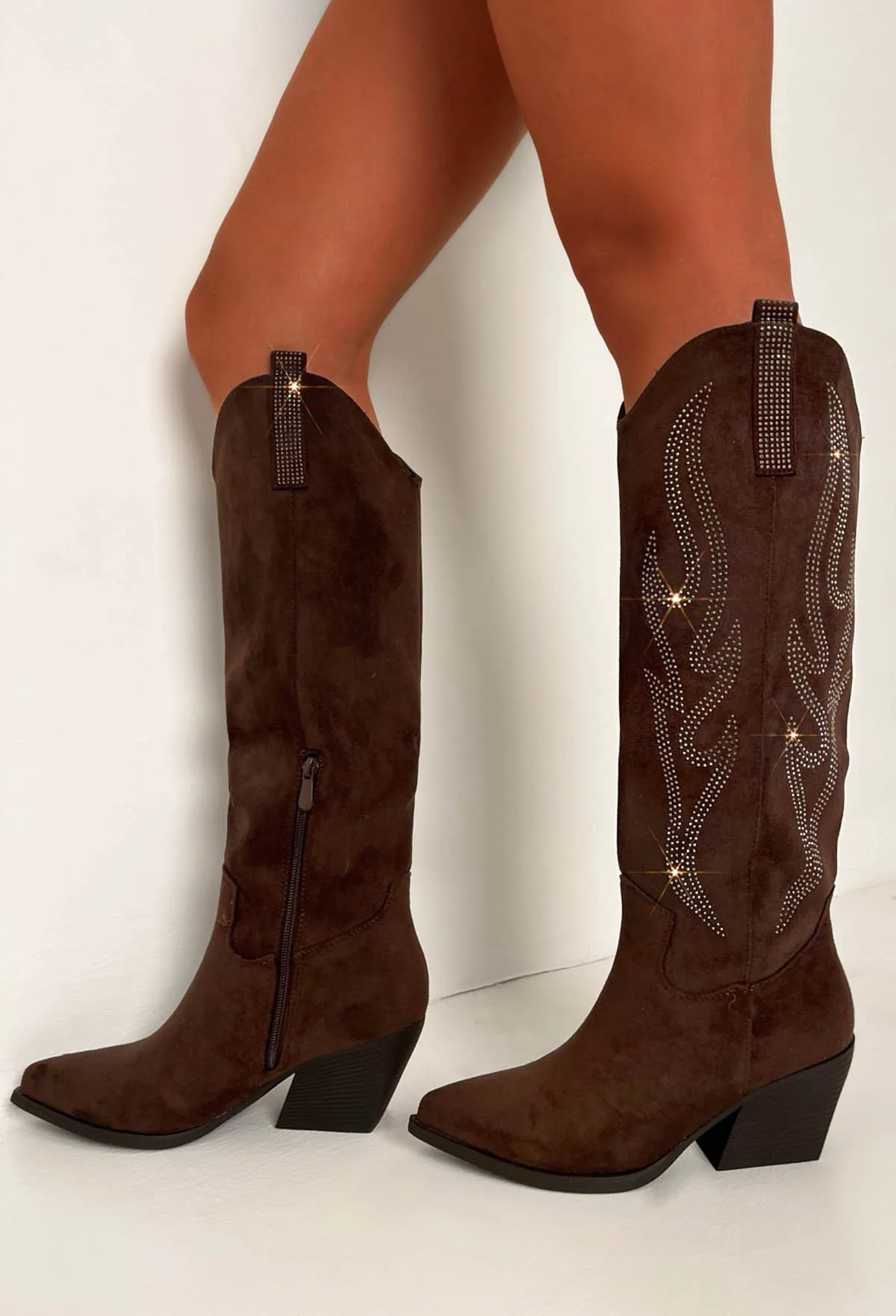 You Queen Brown Faux Suede Knee High Cowboy Boots - Image 3