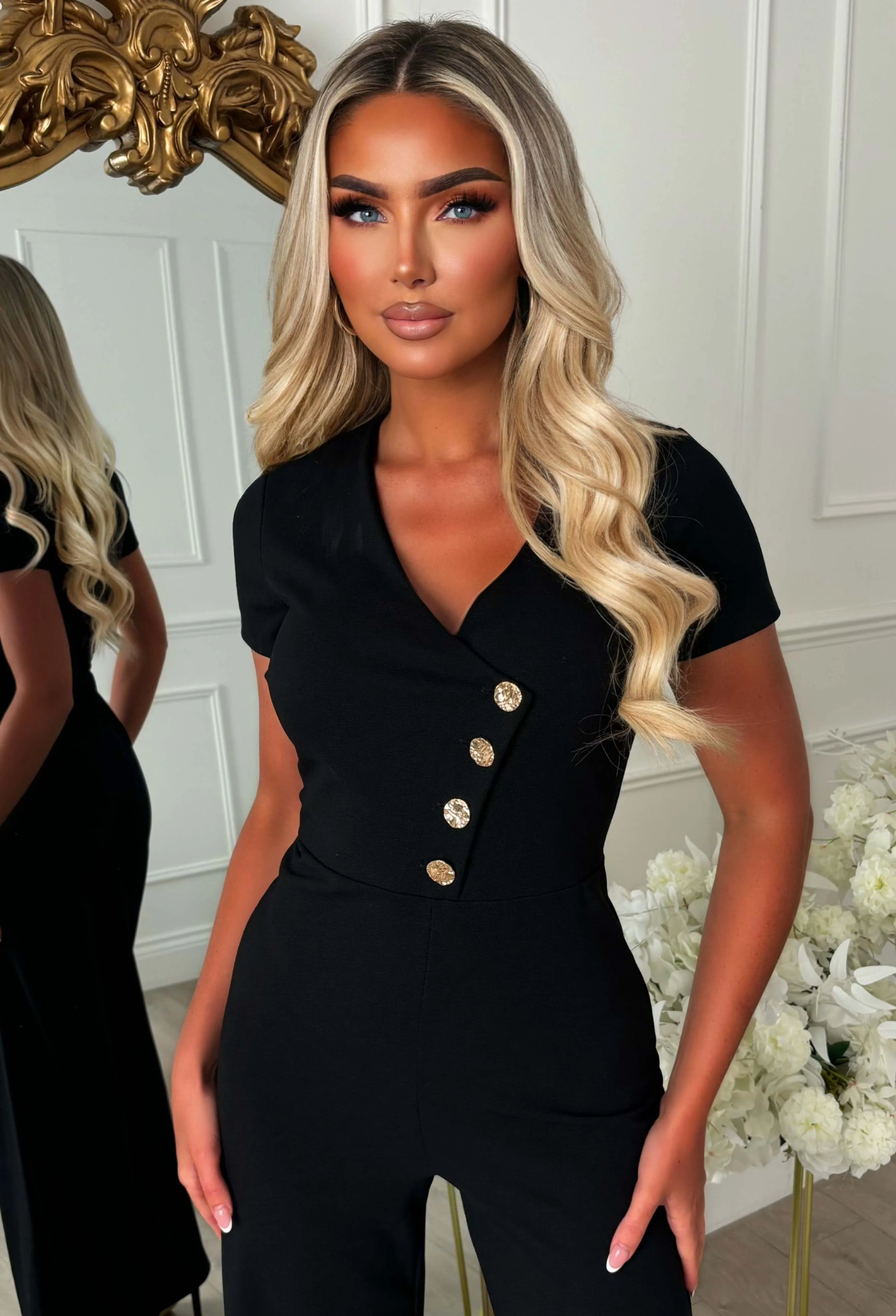 You Slay Girl Black Gold Button Short Sleeve Jumpsuit - Image 3