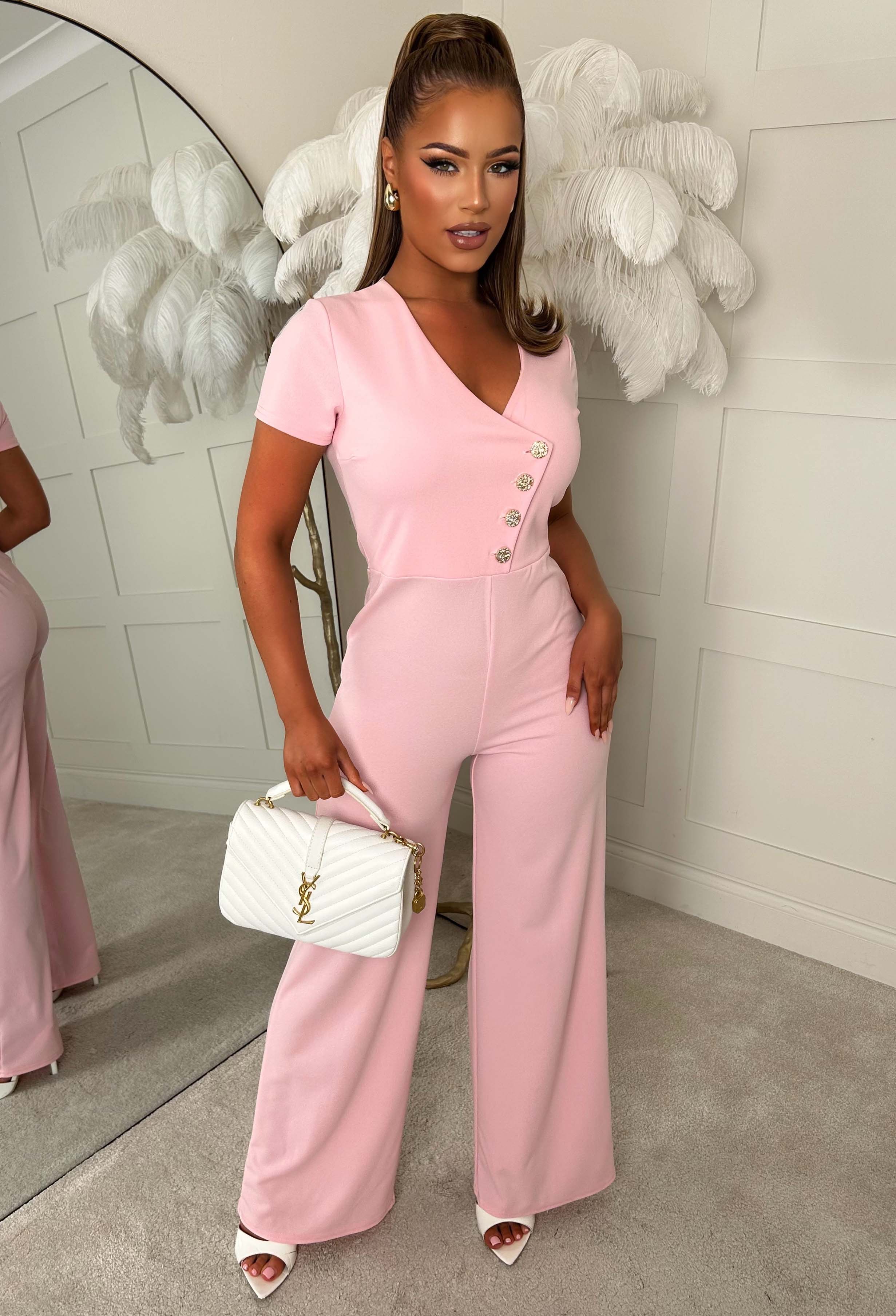 You Slay Girl Pink Gold Button Short Sleeve Jumpsuit - Image 2