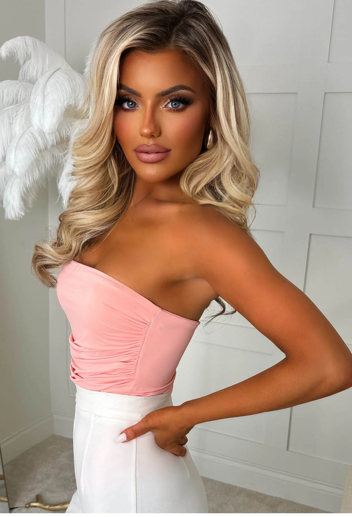 Your Girl Light Pink Bandeau Stretch Ruched Bodysuit - Image 4
