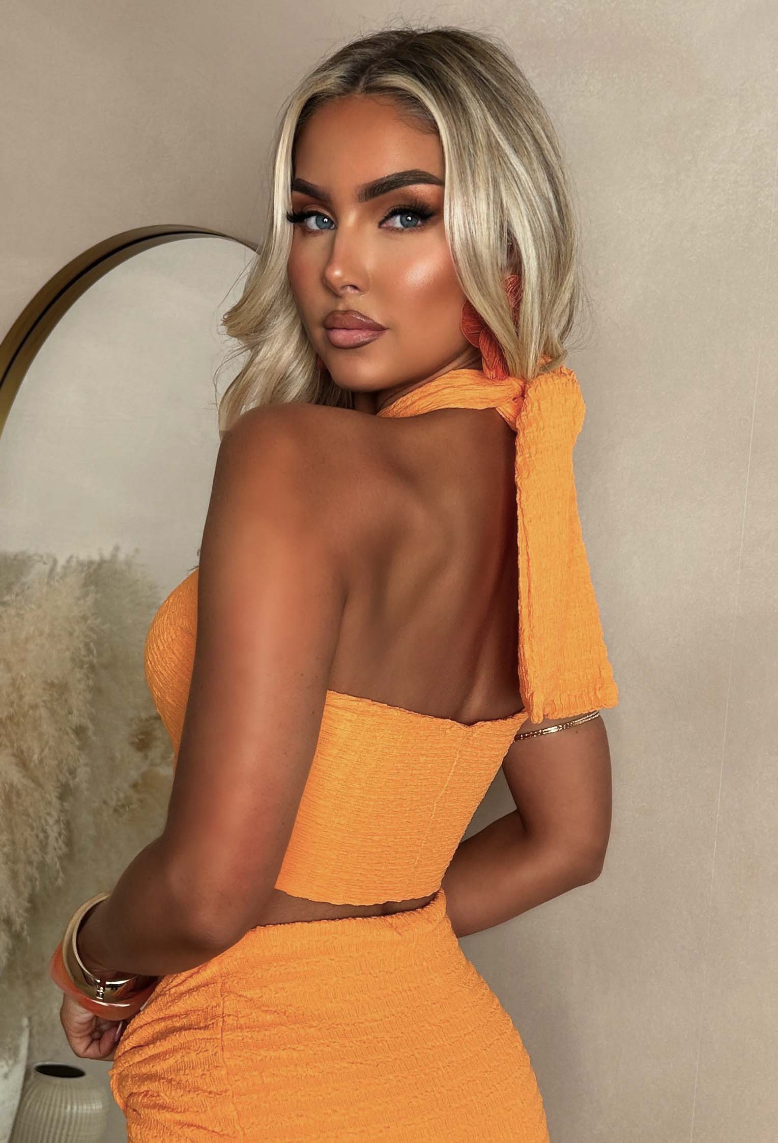 You're My Paradise Orange Crinkle Detail Halter Skirt Co-ord Set - Image 4