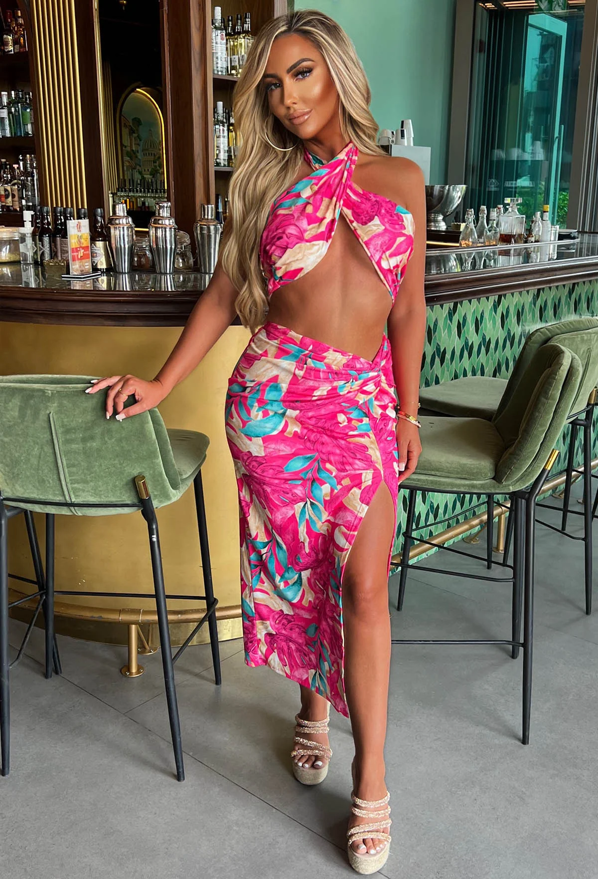 Your Paradise Pink Tropical Halterneck Bandeau Midi Skirt Co-Ord Set - Image 3