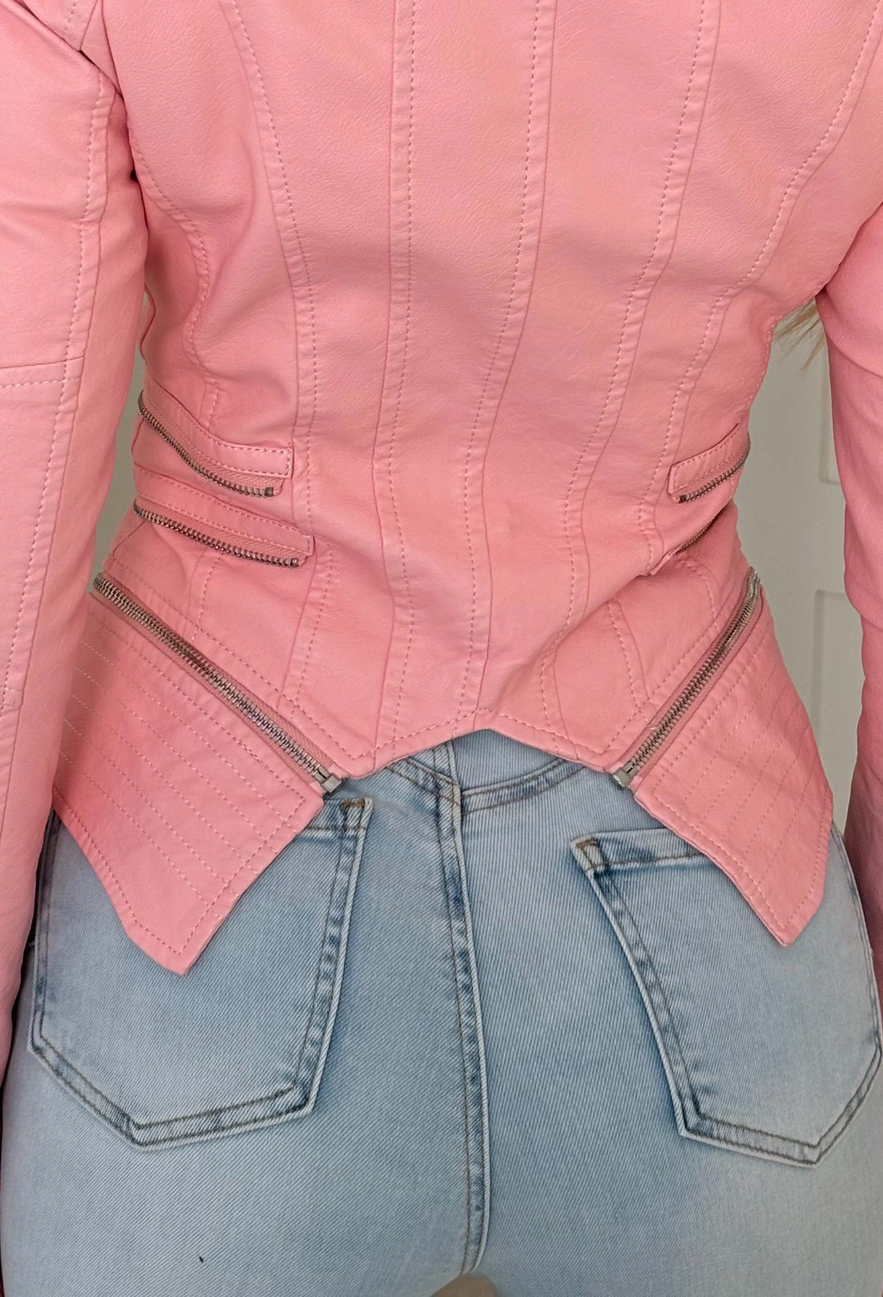 You're So Gone Pink Fitted Faux Leather Biker Jacket - Image 2