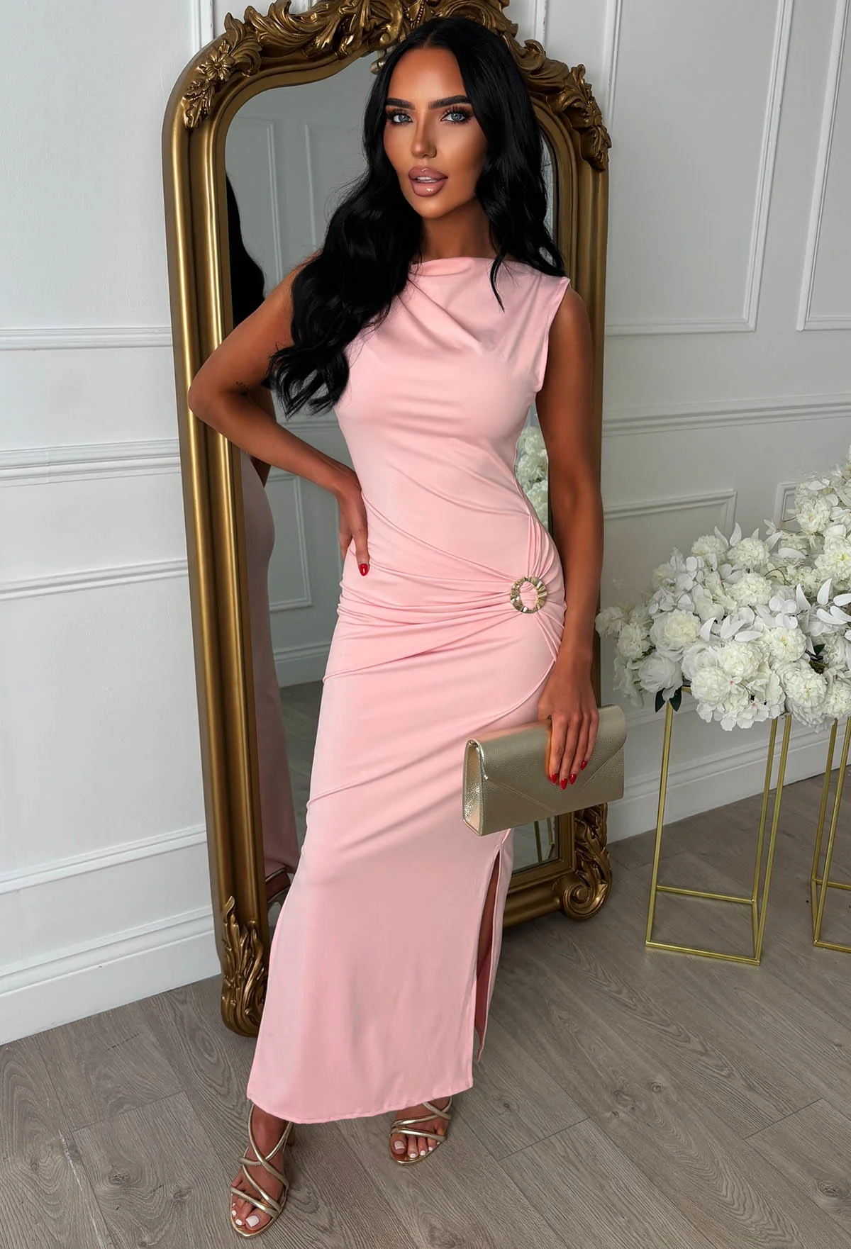 Zia Pink Slinky Ruched Maxi Dress - Image 3