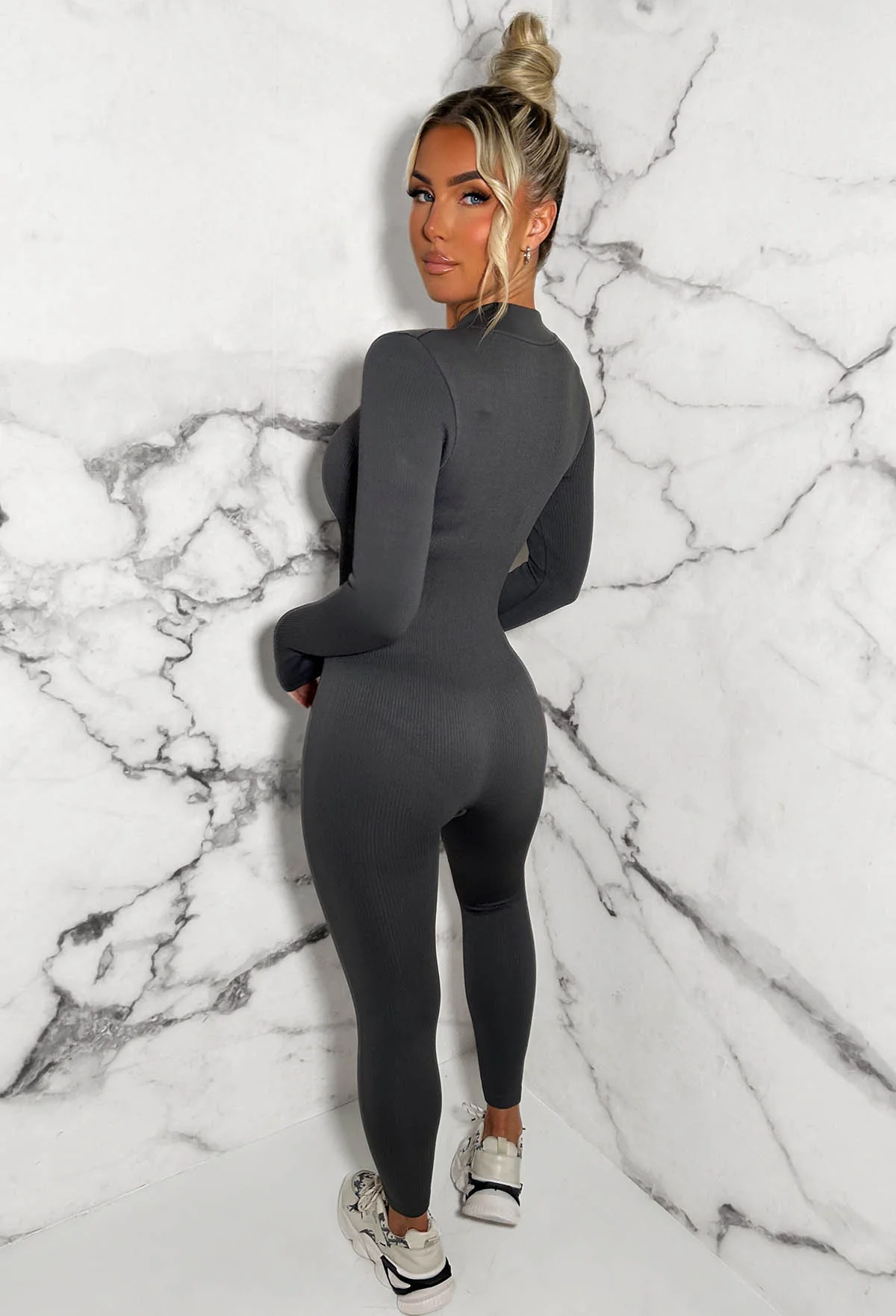 Zip Me Up Grey Long Sleeve Waist Cinching Zip Up Unitard - Image 2