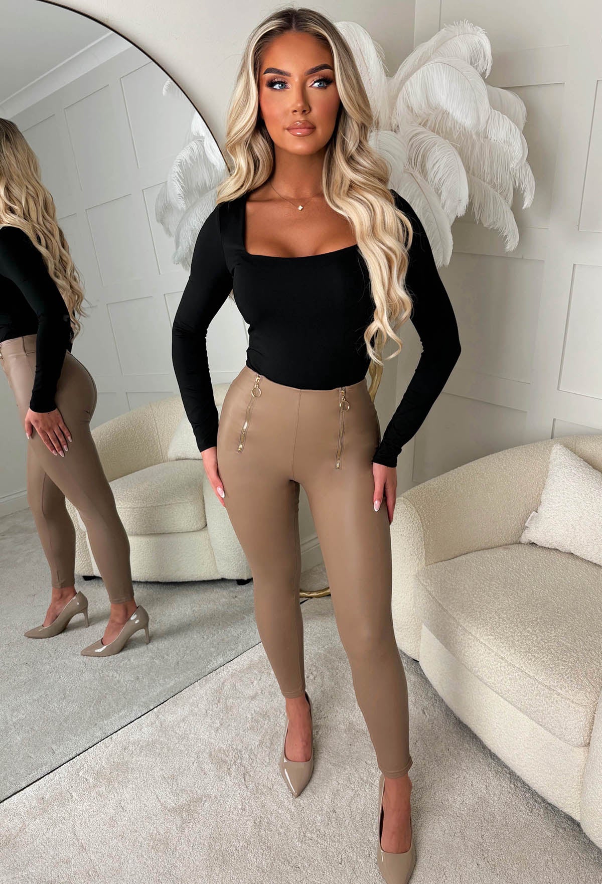 Zipped In Beige Faux Leather Zip Front Leggings - Image 5