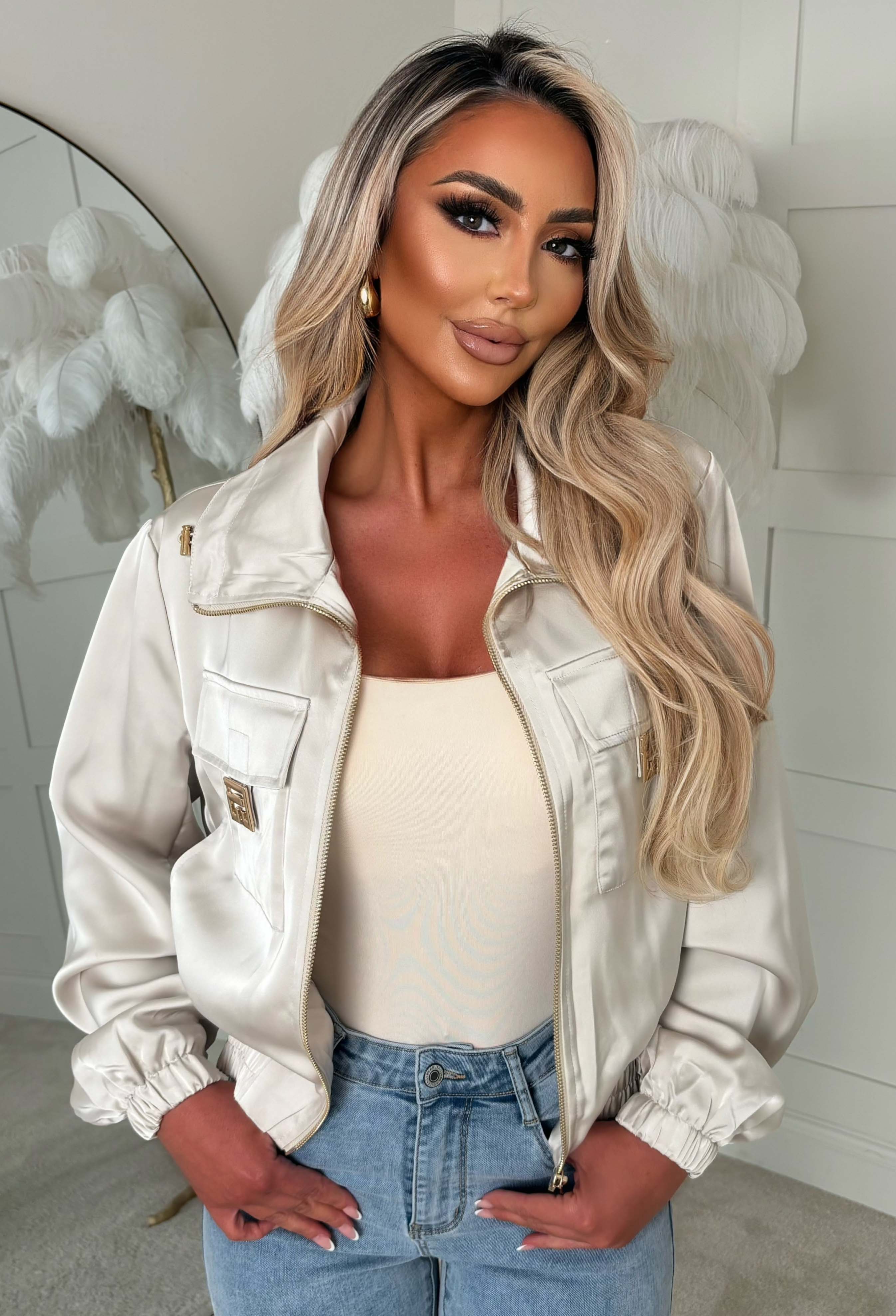 Zyla Cream Satin Hardware Jacket - Image 2