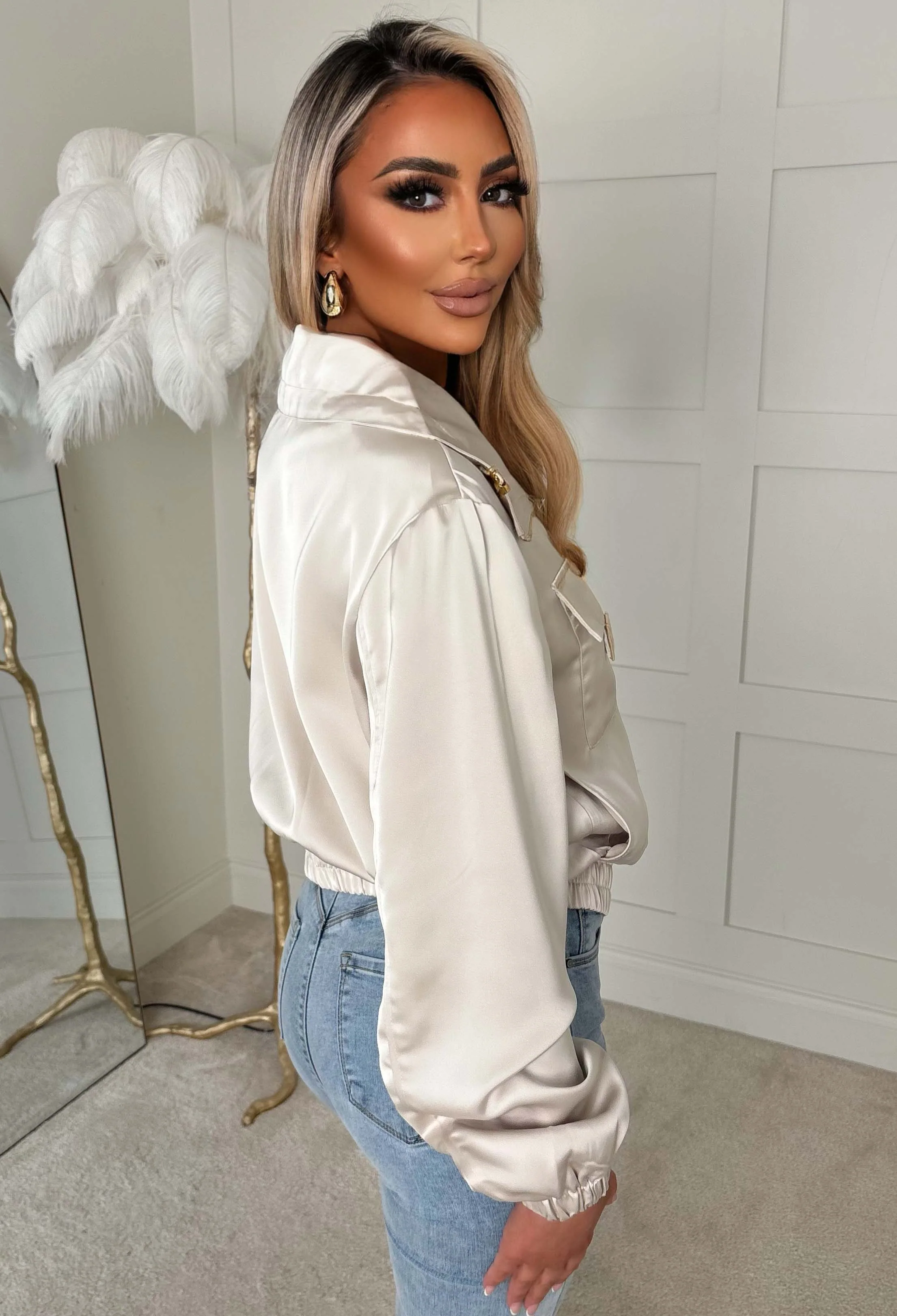 Zyla Cream Satin Hardware Jacket - Image 4